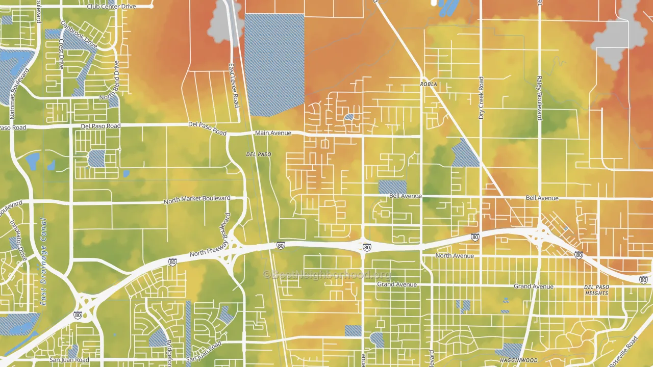 Bike Grade map of Glenwood Meadows, Sacramento, CA
