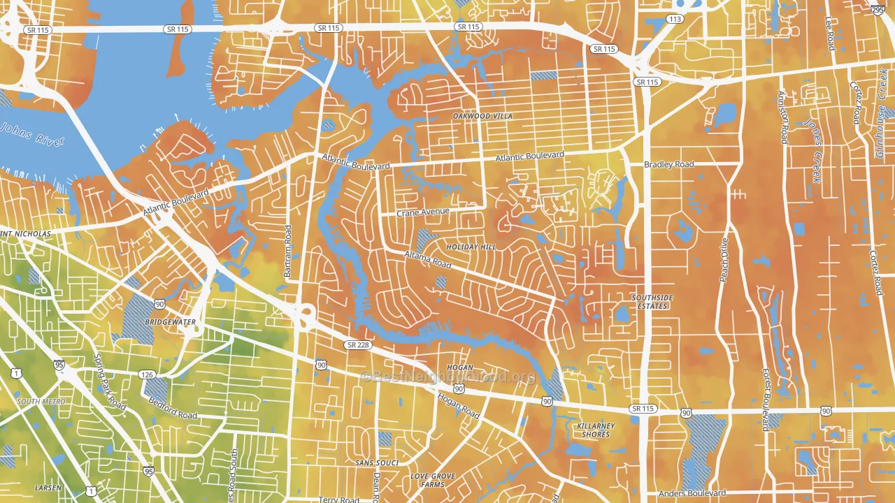 Bike Grade map of Glynlea-Grove Park, Jacksonville, FL