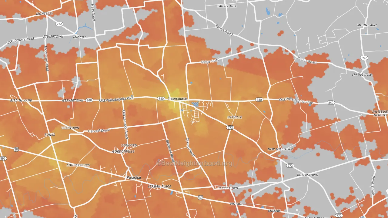 Bike Grade map of Gordonville, PA