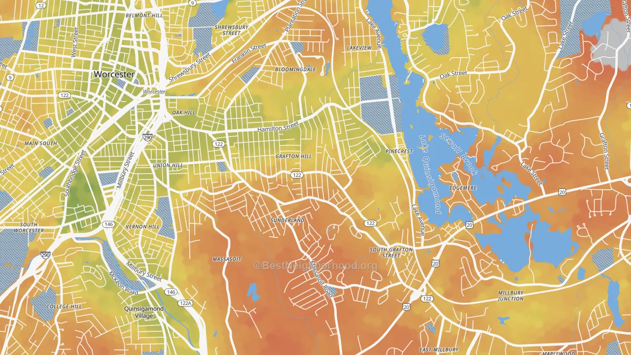 Bike Grade map of Grafton Hill, Worcester, MA