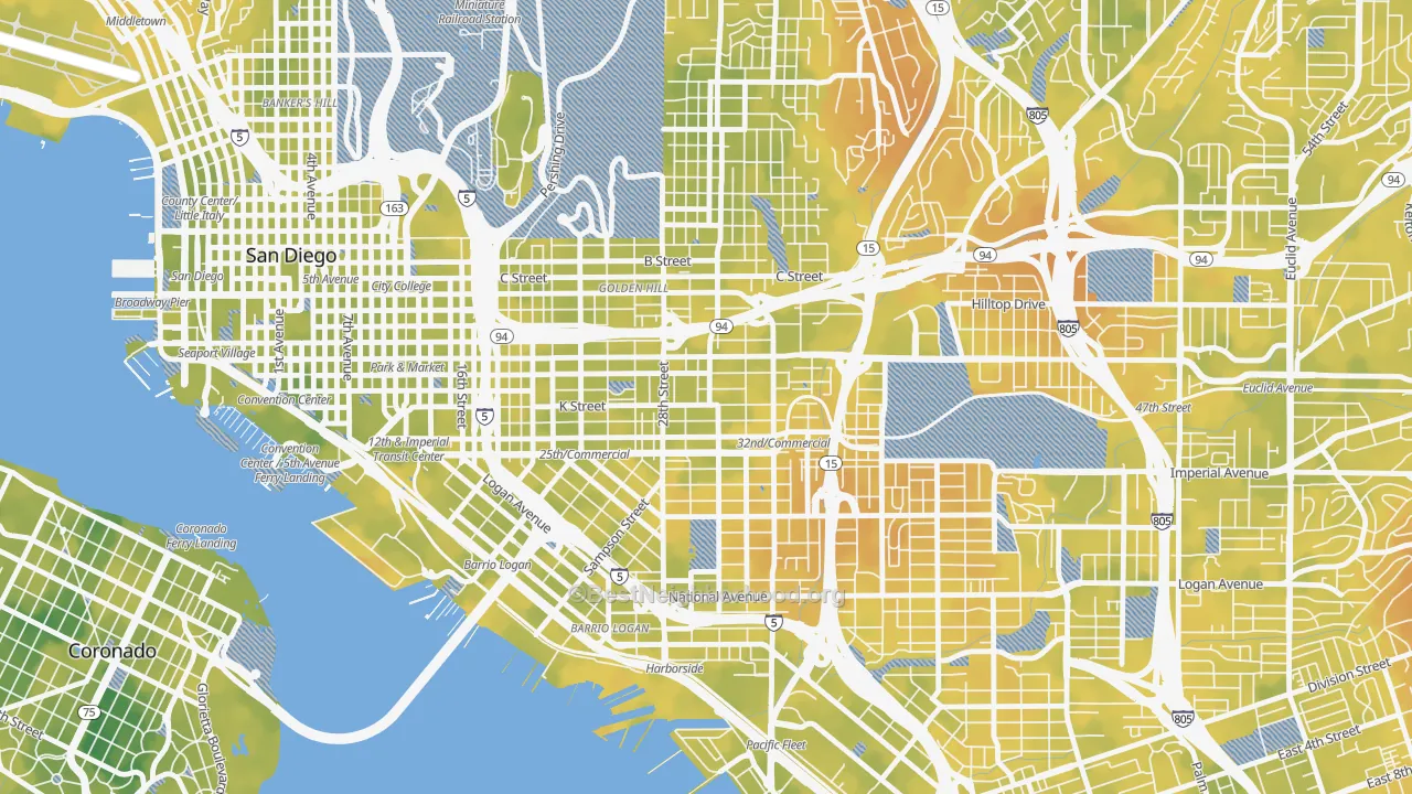 Bike Grade map of Grant Hill, San Diego, CA