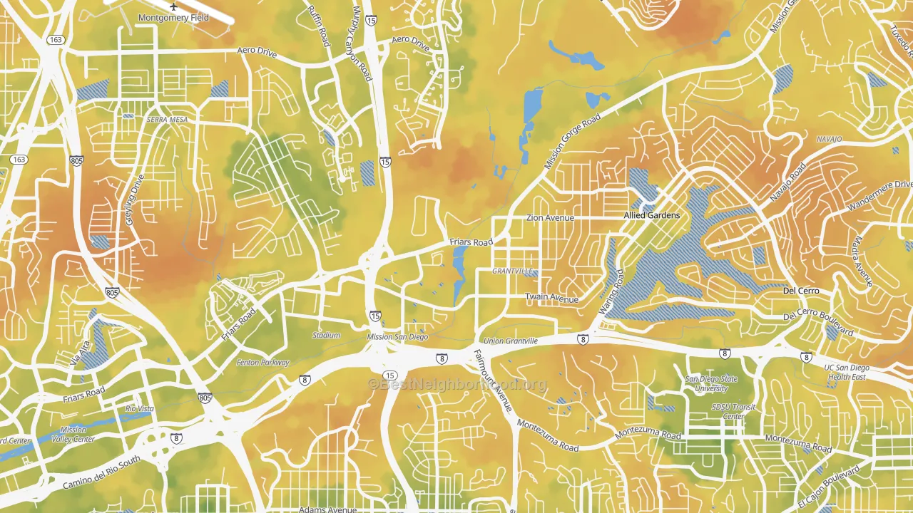 Bike Grade map of Grantville, San Diego, CA