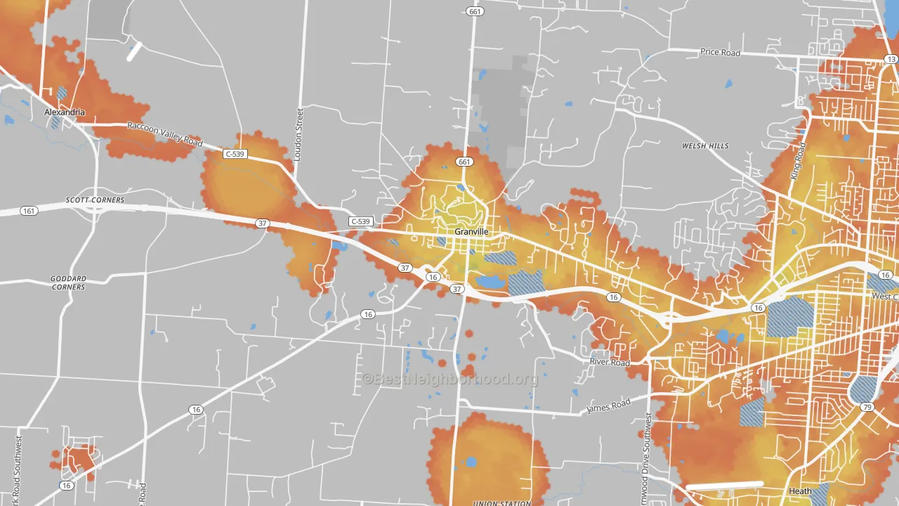 Bike Grade map of Granville, OH
