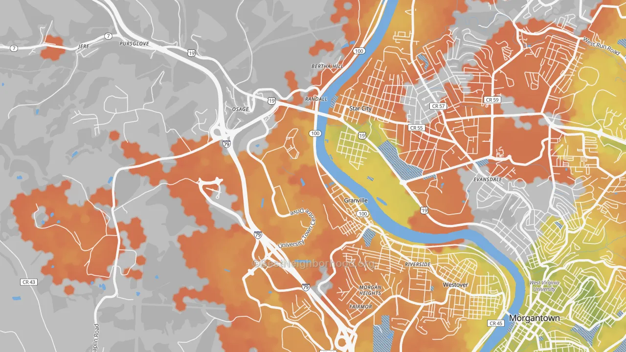 Bike Grade map of Granville, WV