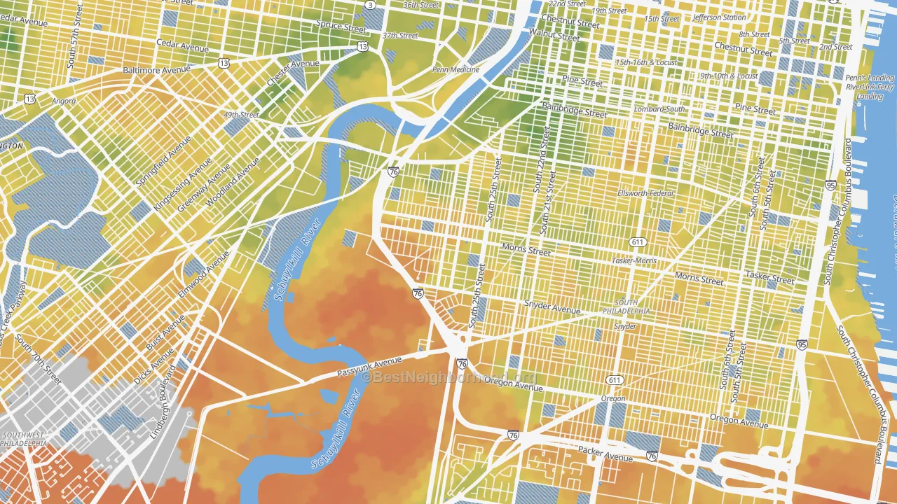 Bike Grade map of Grays Ferry, Philadelphia, PA