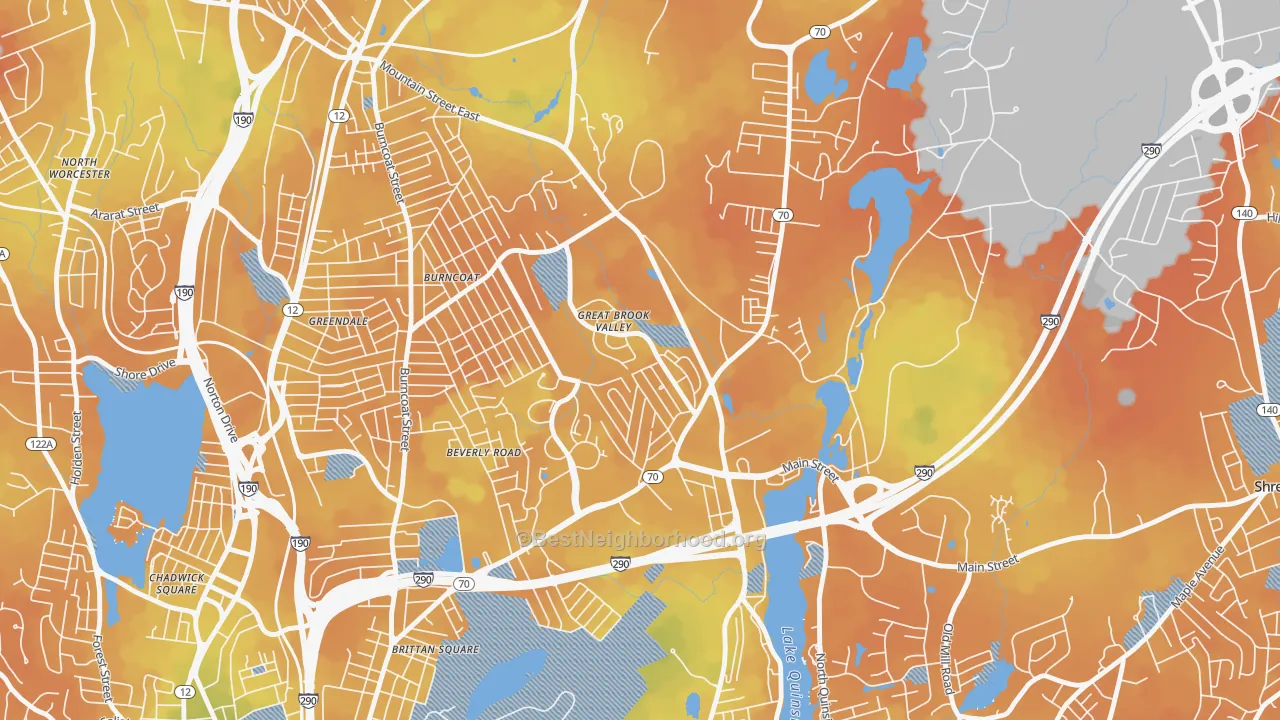 Bike Grade map of Great Brook Valley, Worcester, MA