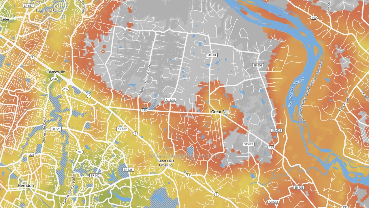 Bike Grade map of Great Falls, VA