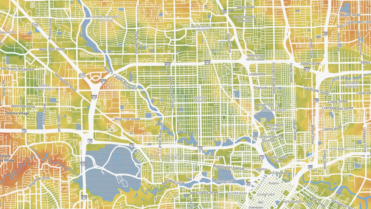 Bike Grade map of Greater Heights, Houston, TX