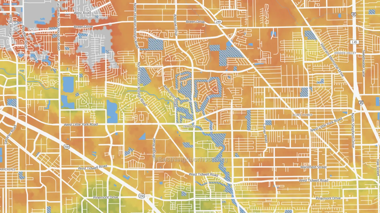 Bike Grade map of Greater Inwood, Houston, TX