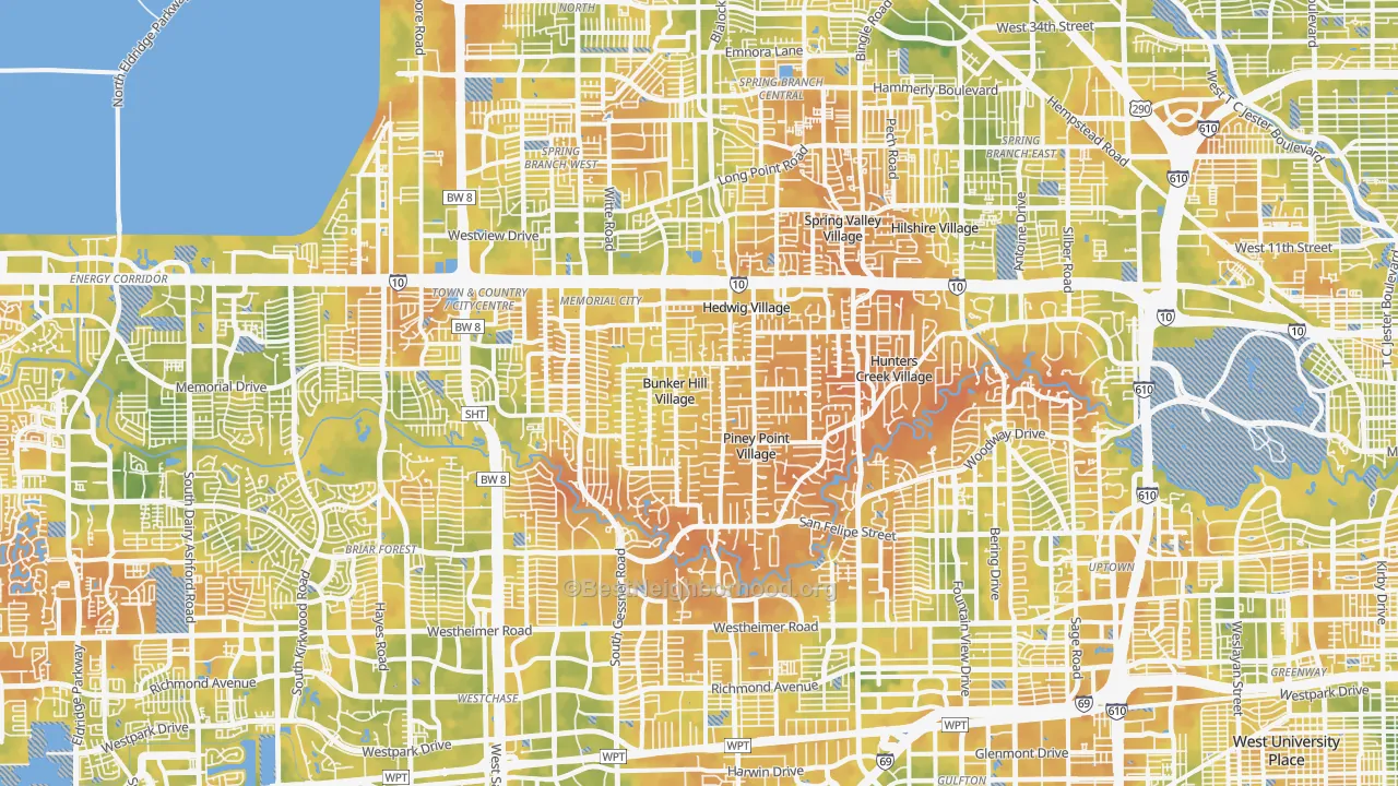Bike Grade map of Greater Memorial, Houston, TX