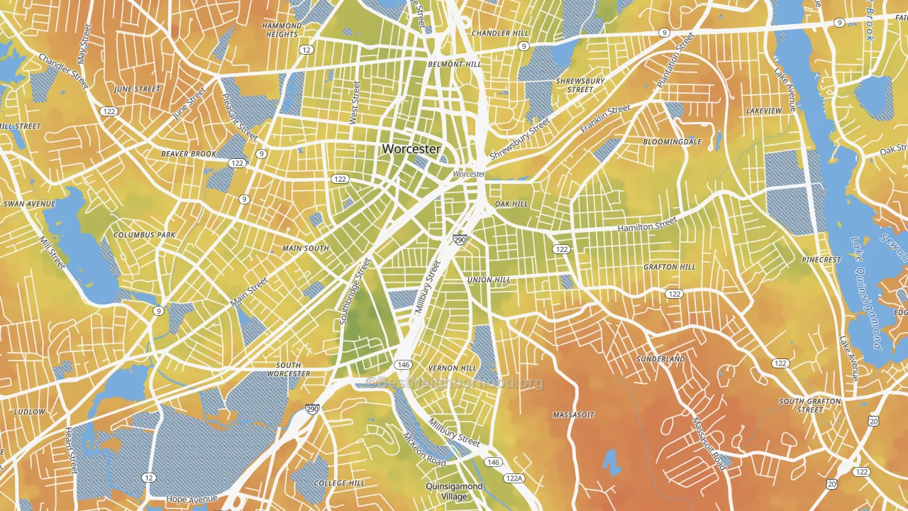 Bike Grade map of Green Island, Worcester, MA