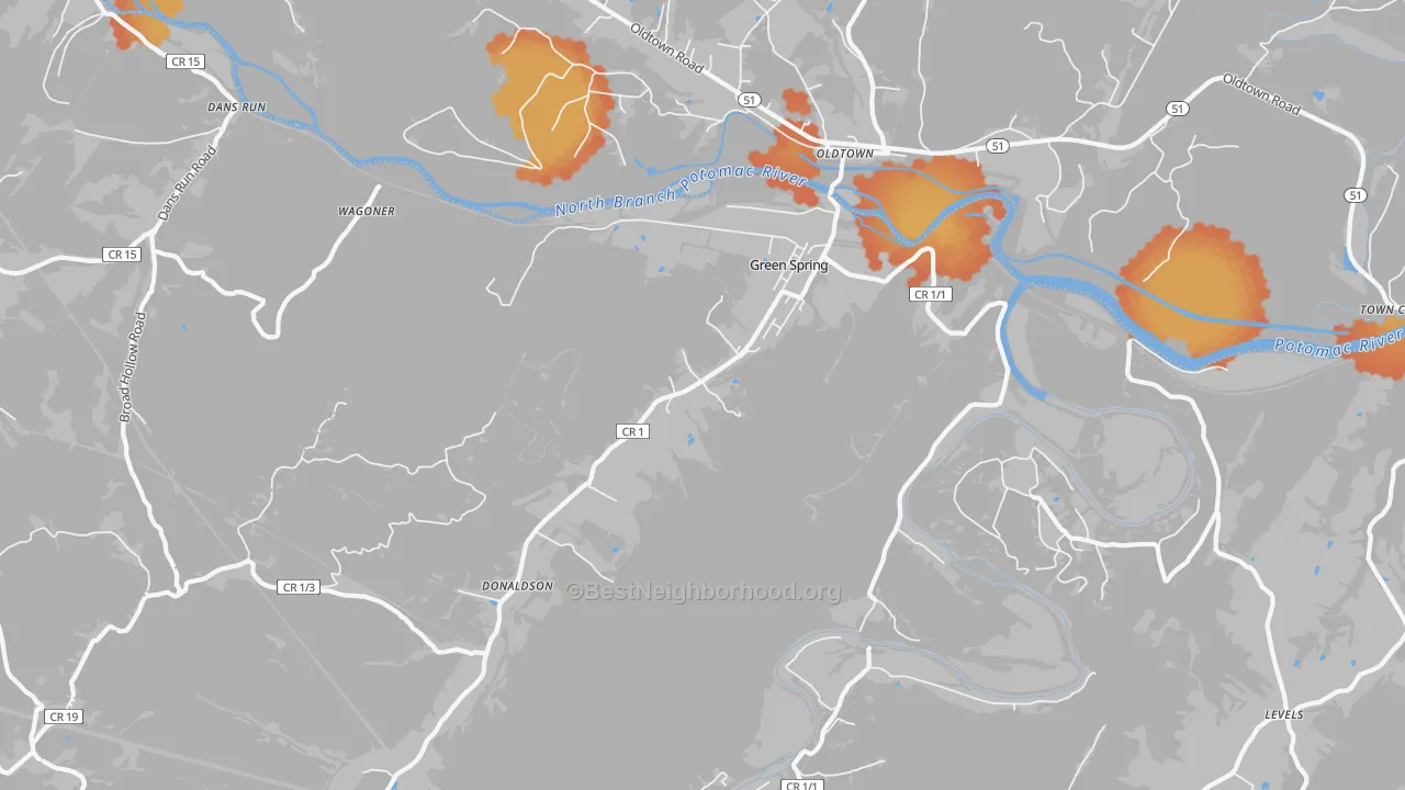 Bike Grade map of Green Spring, WV