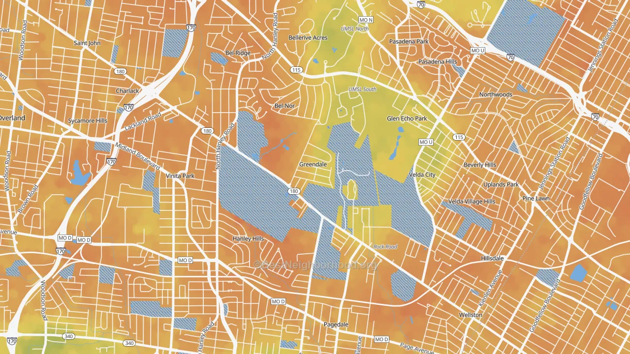 Bike Grade map of Greendale, MO