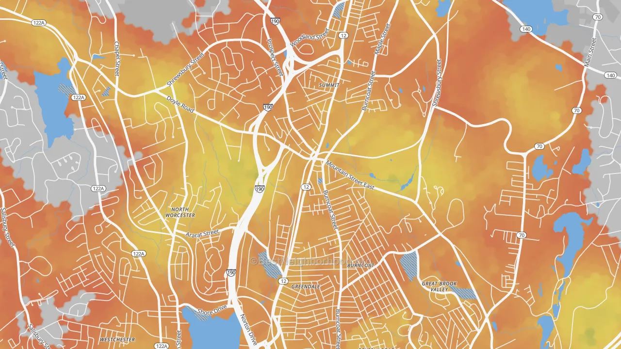 Bike Grade map of Greendale, Worcester, MA
