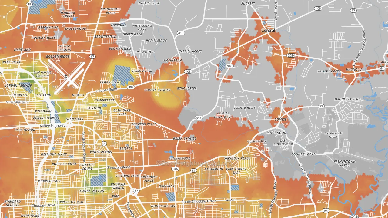 Bike Grade map of Greenwell Springs-Central Area, Baton Rouge, LA