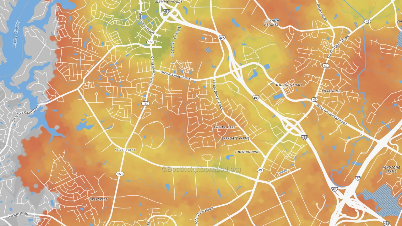 Bike Grade map of Griers Fork, Charlotte, NC