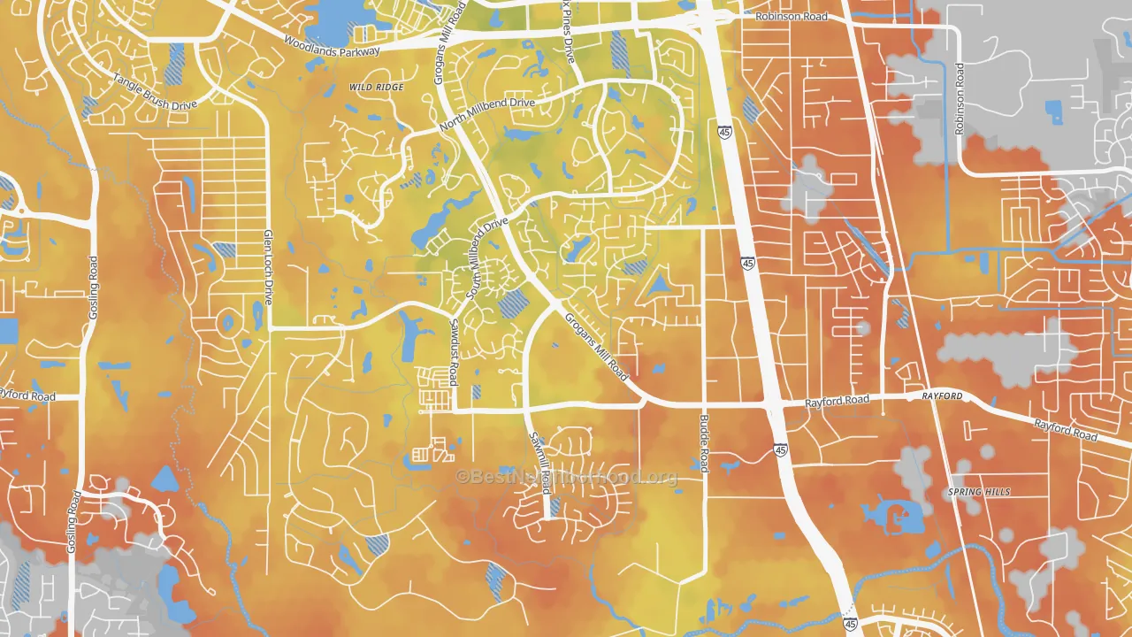 Bike Grade map of Grogan's Mill, The Woodlands, TX