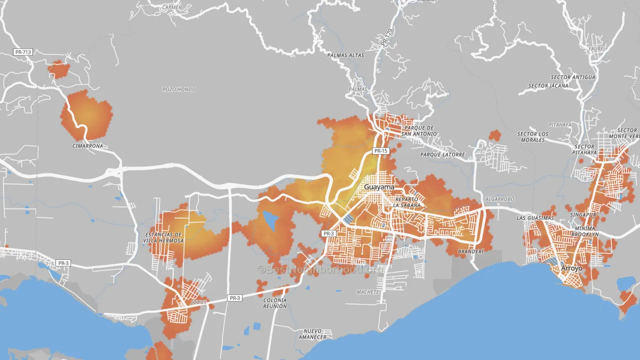 Bike Grade map of Guayama, PR
