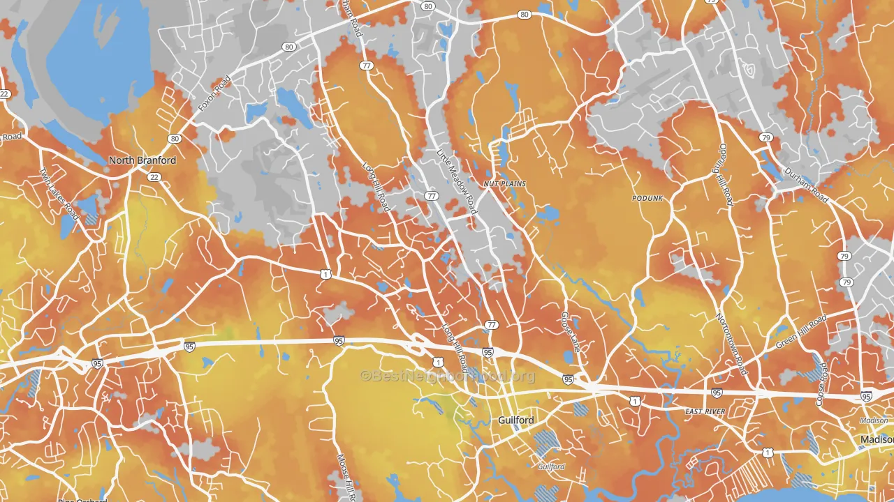 Bike Grade map of Guilford, CT