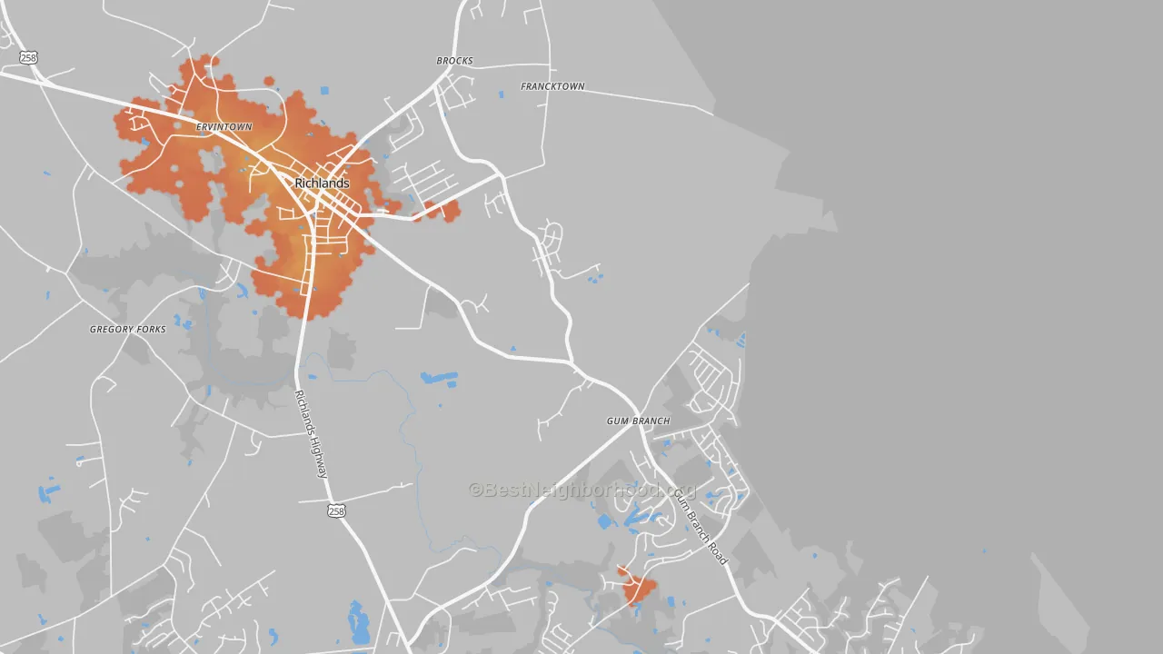 Bike Grade map of Gum Branch, NC