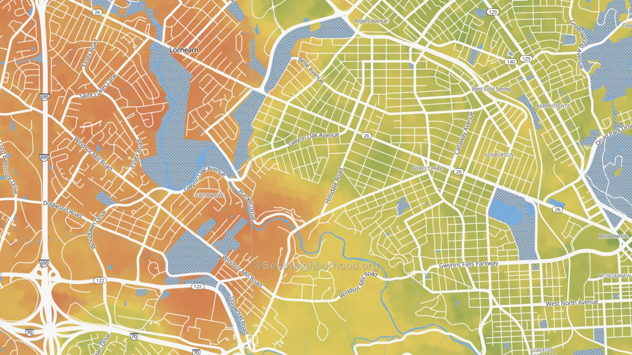 Bike Grade map of Gwynn Oak, MD