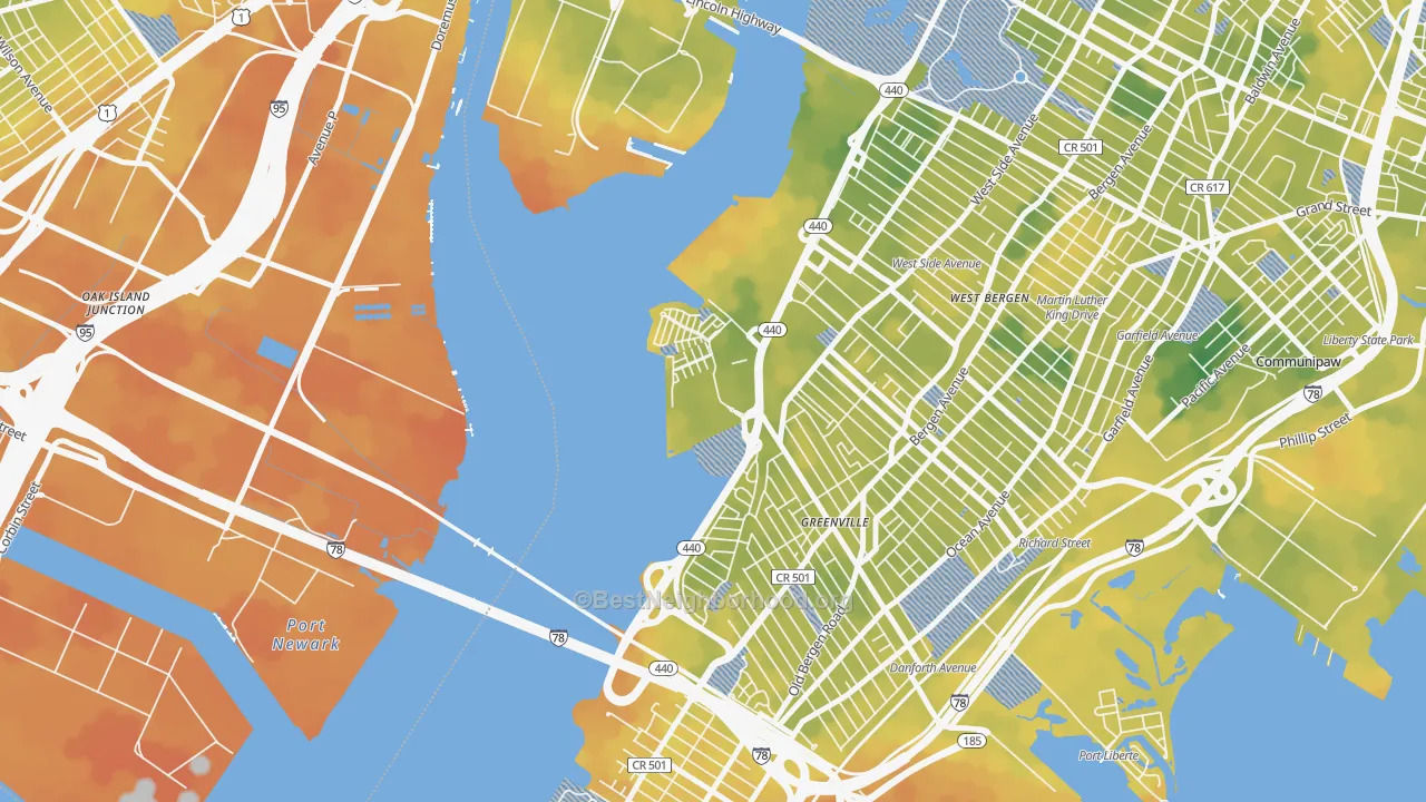 Bike Grade map of Hackensack Riverfront, Jersey City, NJ