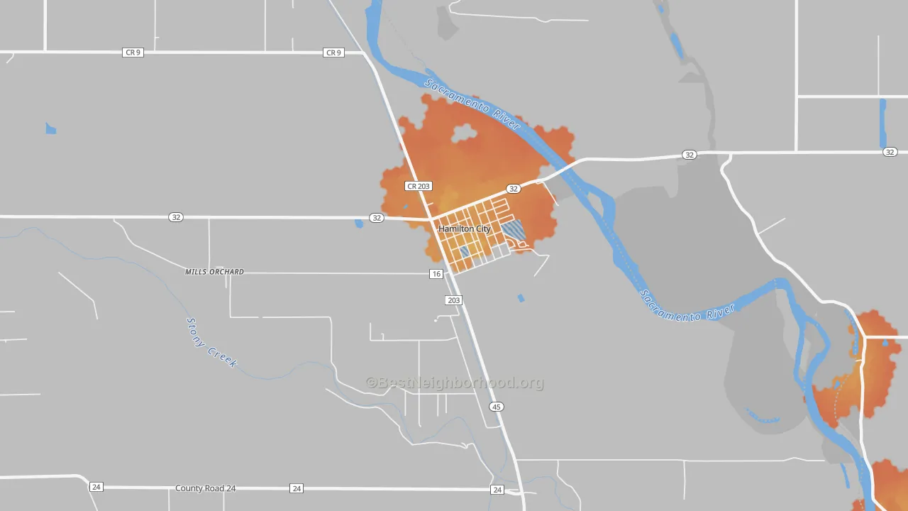 Bike Grade map of Hamilton City, CA