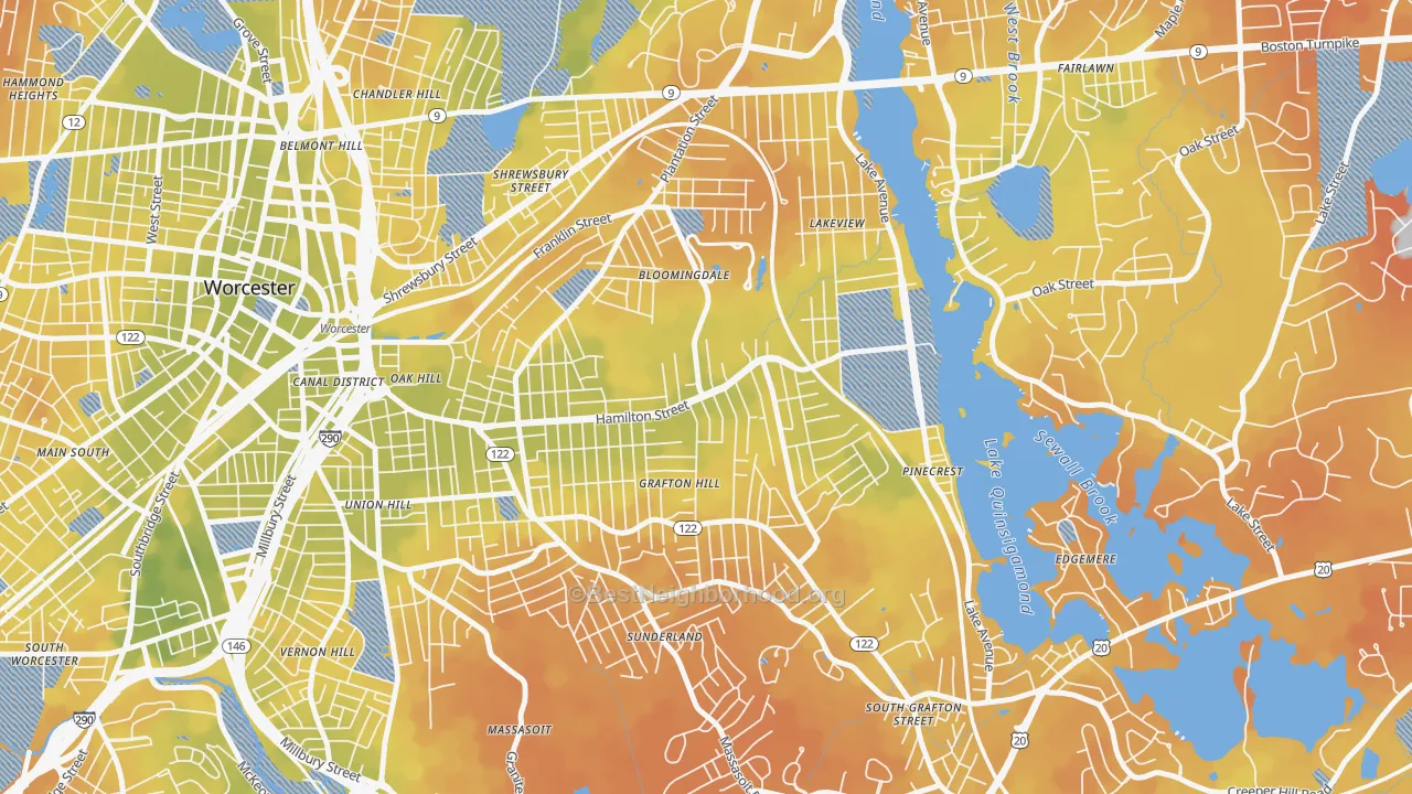 Bike Grade map of Hamilton, Worcester, MA