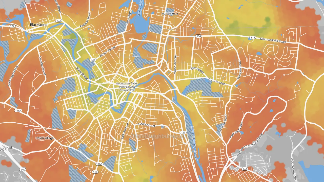 Bike Grade map of Hamlet, Woonsocket, RI