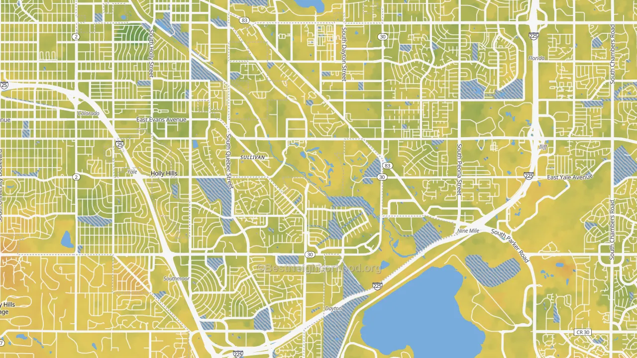 Bike Grade map of Hampden, Denver, CO