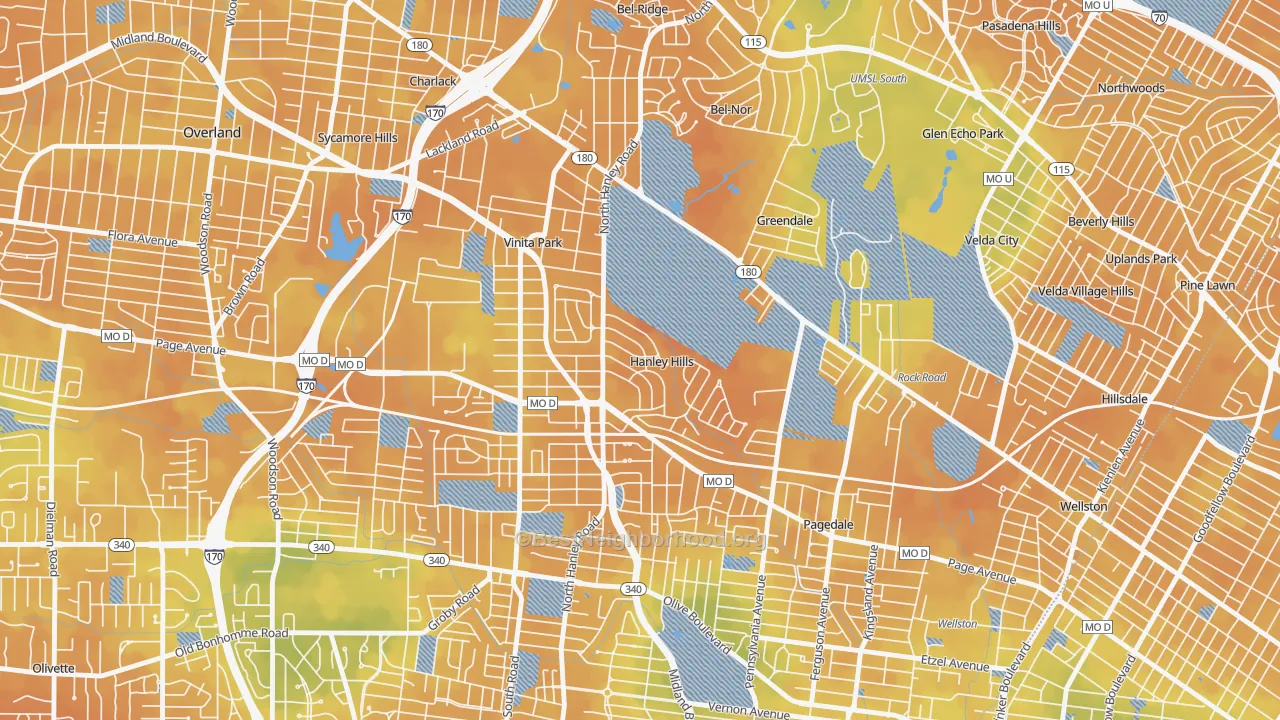 Bike Grade map of Hanley Hills, MO