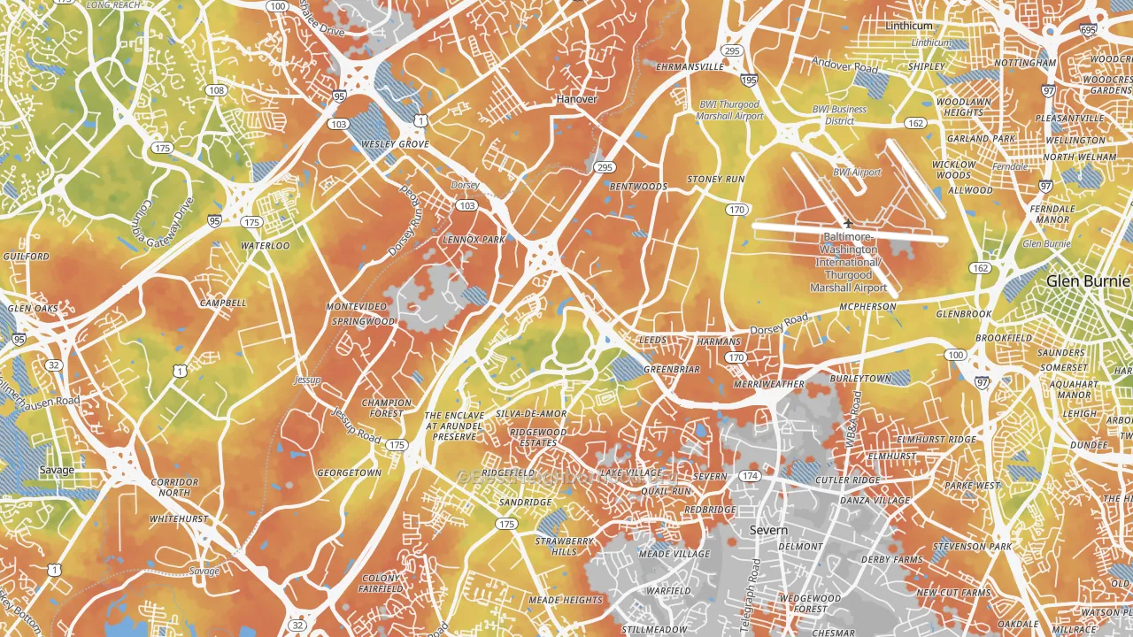 Bike Grade map of Hanover, MD