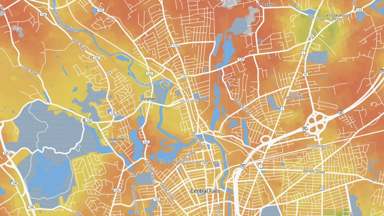 Bike Grade map of Happy Hollow, Valley Falls, RI