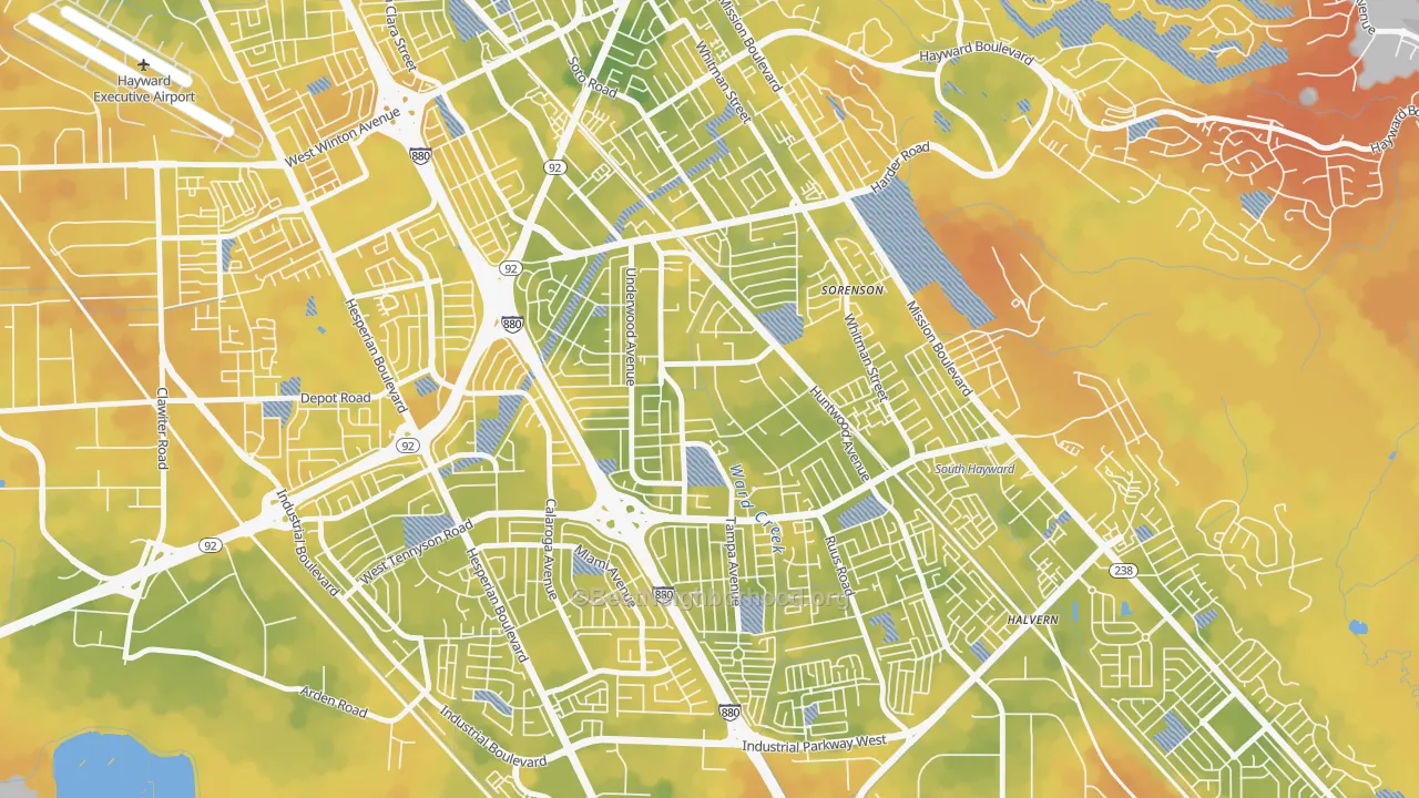 Bike Grade map of Harder-Tennyson, Hayward, CA