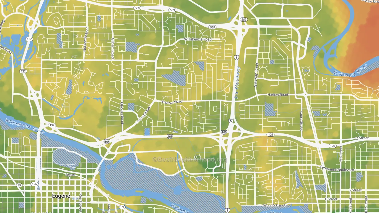 Bike Grade map of Harlow, Eugene, OR
