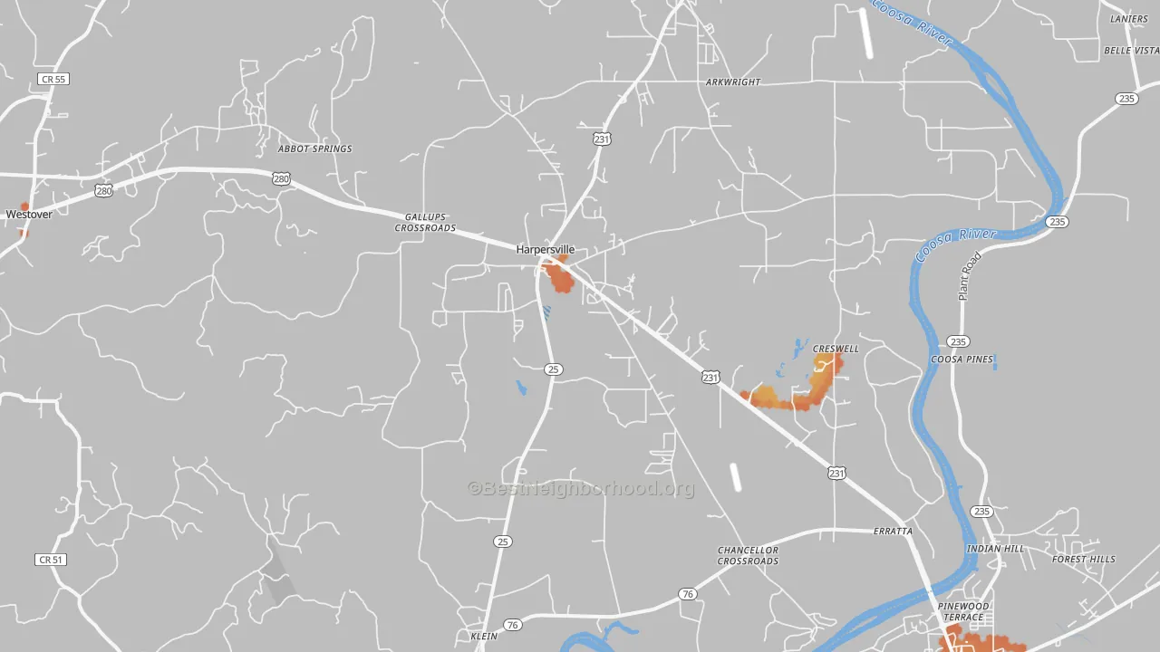 Bike Grade map of Harpersville, AL