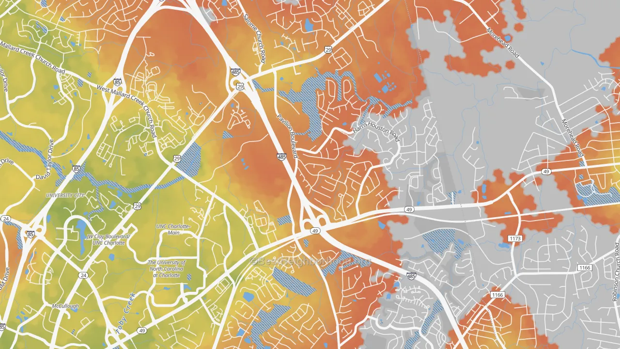 Bike Grade map of Harris-Houston, Charlotte, NC