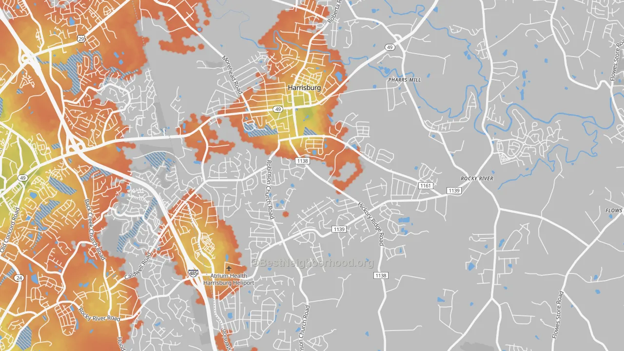 Bike Grade map of Harrisburg, NC