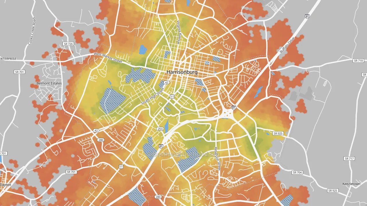 Bike Grade map of Harrisonburg City, VA