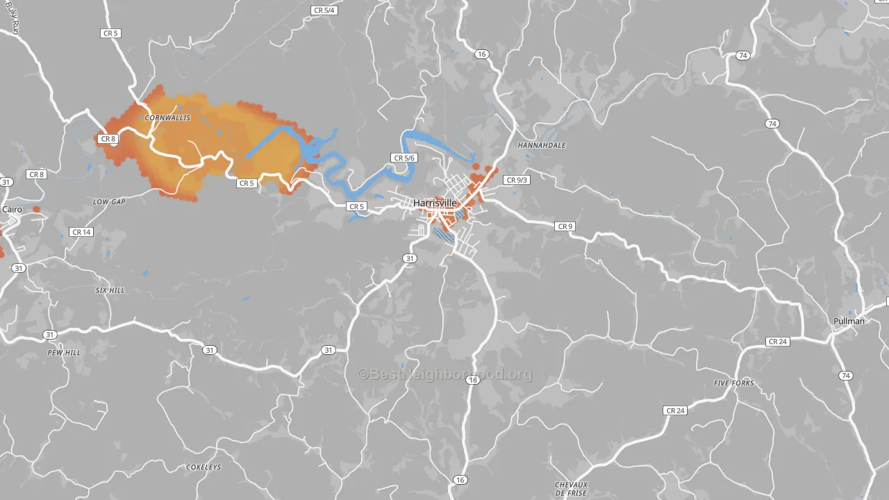 Bike Grade map of Harrisville, WV