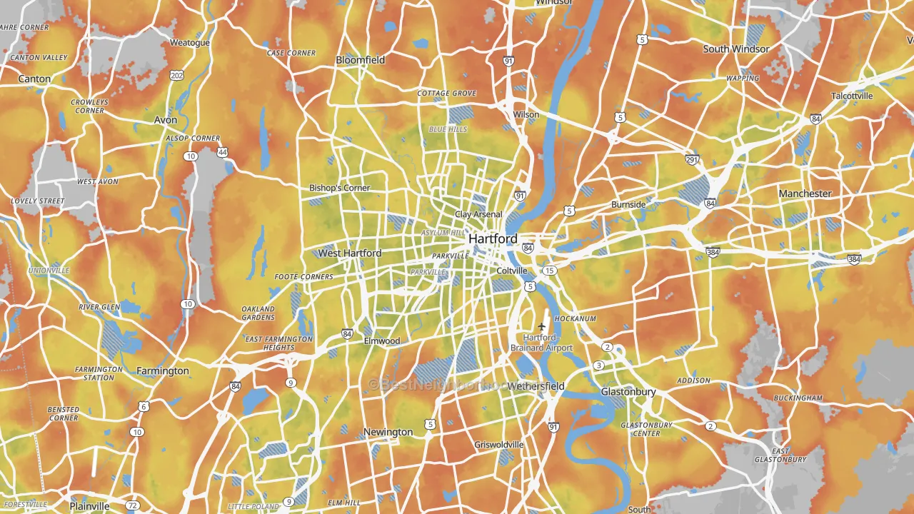 Bike Grade map of Hartford, CT