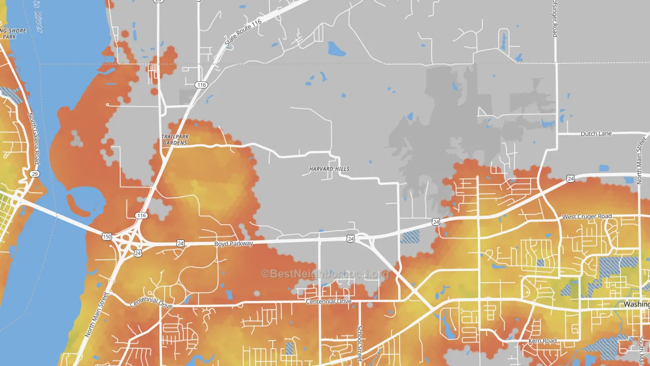 Bike Grade map of Harvard Hills, IL