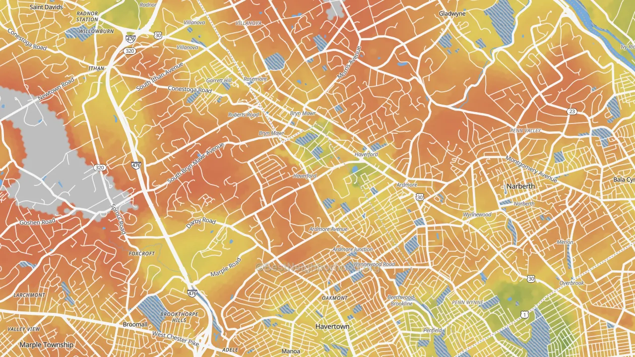 Bike Grade map of Haverford, PA