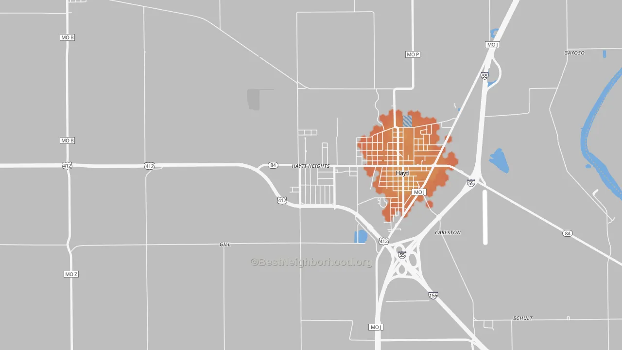 Bike Grade map of Hayti Heights, MO