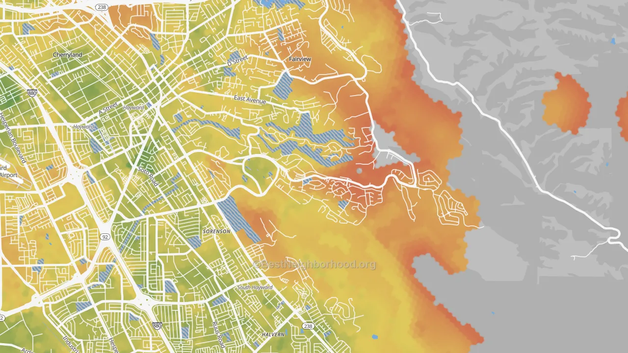 Bike Grade map of Hayward Highland, Hayward, CA