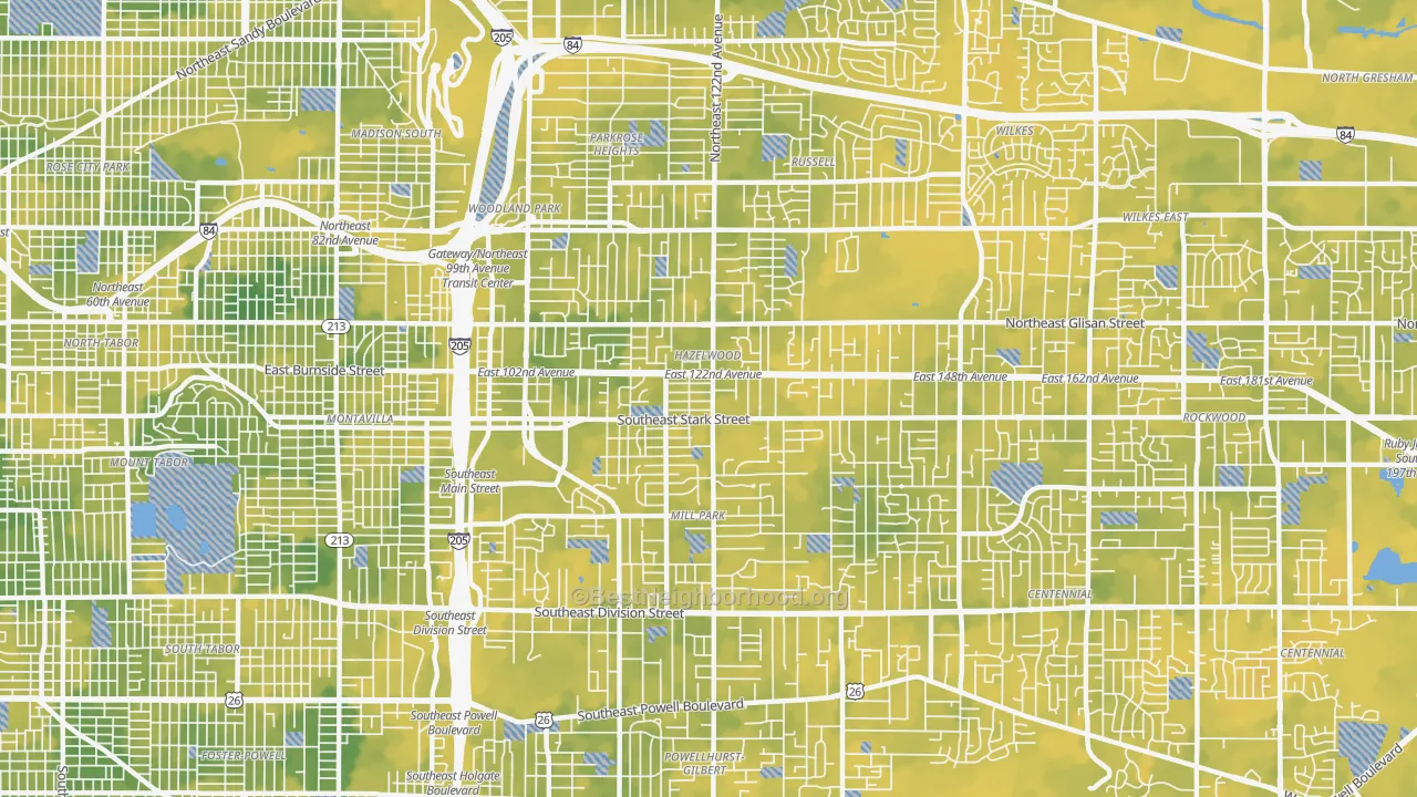 Bike Grade map of Hazelwood-Mill Park, Portland, OR