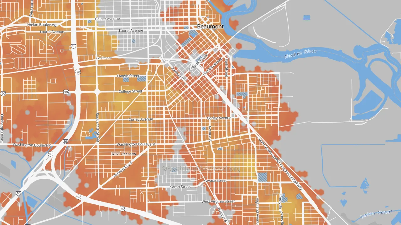 Bike Grade map of Heart of the City, Beaumont, TX
