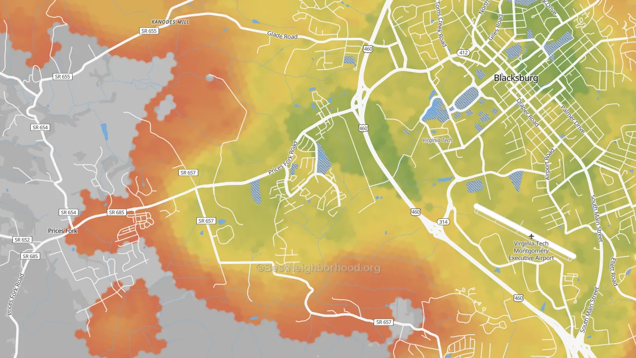 Bike Grade map of Hethwood-Prices Fork, Blacksburg, VA