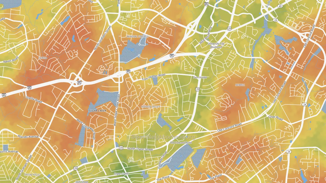 Bike Grade map of Hidden Valley, Charlotte, NC