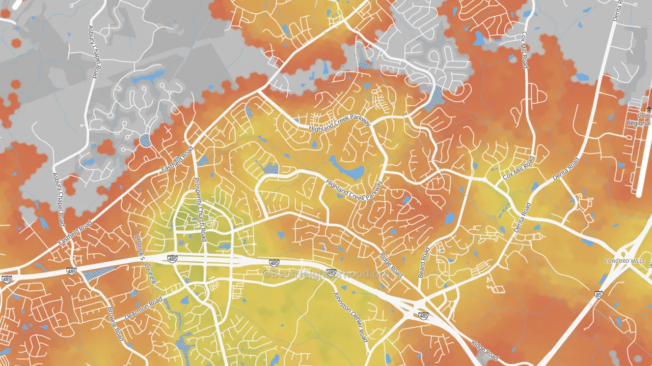 Bike Grade map of Highland Creek, Charlotte, NC
